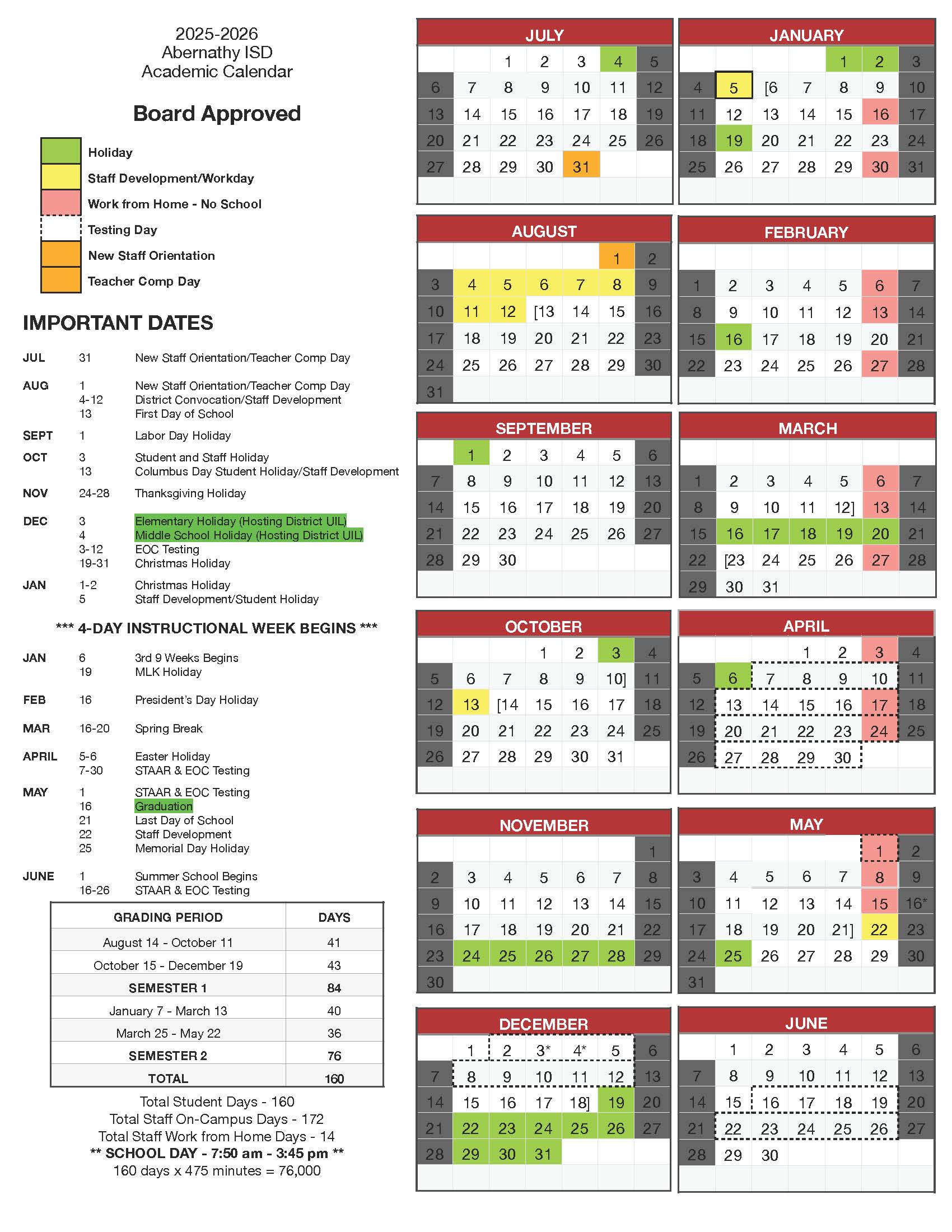 School Calendar for 2025-2026